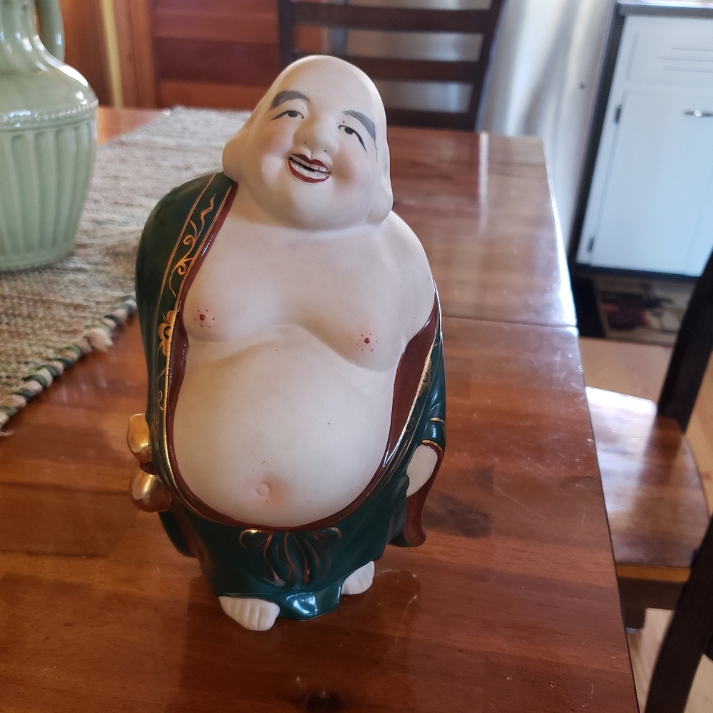 Laughing Buddha Figurine in Green and Gold